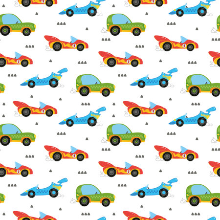 Seamless pattern with cute children's multi-colored cars on a white background. Drawing for children's textiles with cars and vehicles, for boys. Vector illustration in minimalistic flat styleのイラスト素材