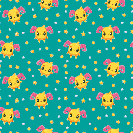 Seamless pattern with a cute yellow alien on a green background. Vector illustration in a minimalistic flat style, hand drawn. Cute monster print for print design, postcardsのイラスト素材