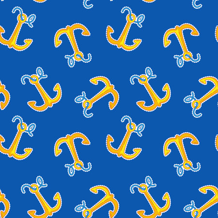 Seamless pattern with a cute yellow anchor on a blue background. Vector illustration in a minimalistic flat style, hand drawn. Cute nautical print for print design, postcardsのイラスト素材