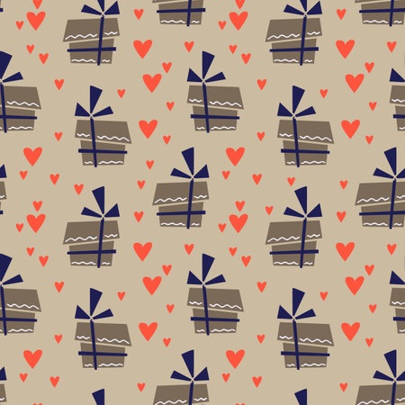 Seamless multicolored pattern with gifts in a package and hearts on a beige background. Valentine's day, wedding, holiday. vector illustration. Textile printing, print design, postcardsのイラスト素材