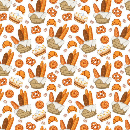 Seamless pattern with pastries in a basket, rolls, bread, cake, cake on a white background. Vector illustration in a minimalistic flat style, hand drawn. Print for bakery textiles, design, postcardsのイラスト素材