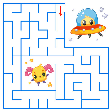 Cute cute alien is looking for the way to the ufo flying saucer through the maze. Find a way out of the maze. Educational game for kids. Cartoon vector illustration, colorclipartのイラスト素材