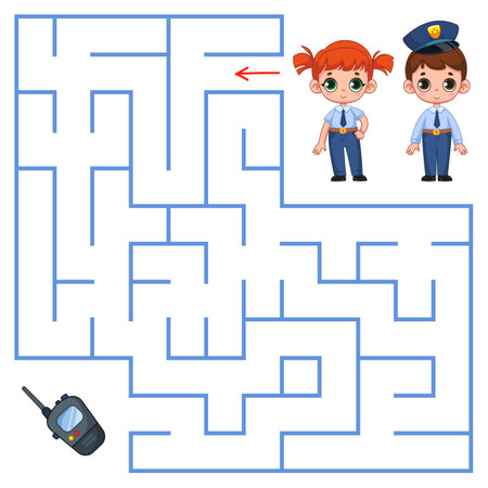 A cute little police boy and a girl are looking for a way to walkie-talkie through a maze. Find a way out of the maze. Educational game for kids. Cartoon vector illustration, colorclipartのイラスト素材