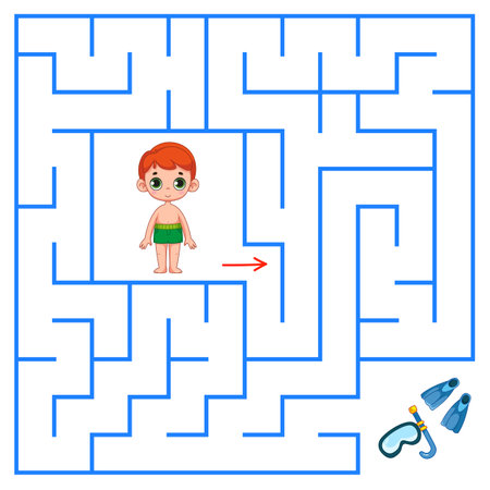 A cute cute boy is looking for a way to fins and a mask to snorkel through the maze. Find a way out of the maze. Educational game for kids. Cartoon vector illustration, colorclipartのイラスト素材