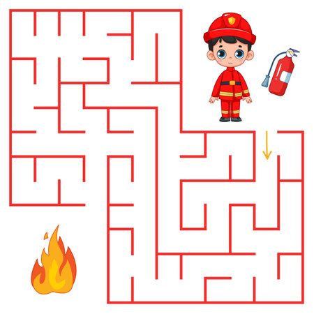 A cute boy fireman and fire extinguisher is going to put out the fire and is looking for a way out of the maze. Find a way out of the maze. Educational game for kids. cartoon vector illustration.のイラスト素材