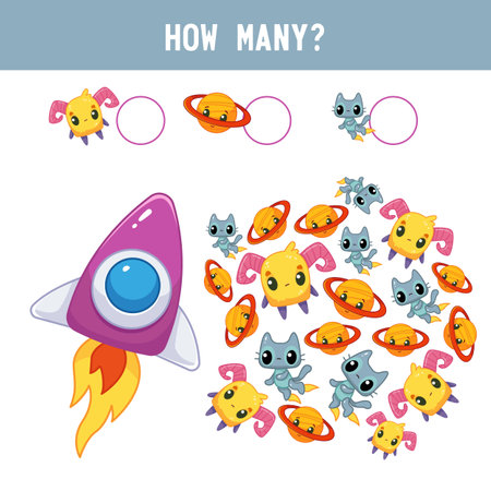 How many ufos, aliens and cats does a cute little space rocket have in space? Counting educational kids game, kids math activity sheet. cartoon colored vector illustrationのイラスト素材