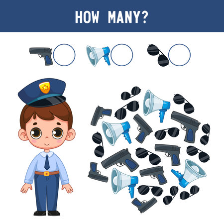 How many guns, loudspeakers and glasses does the cute little cop boy have Counting educational kids game, kids math activity sheet. cartoon colored vector illustrationのイラスト素材