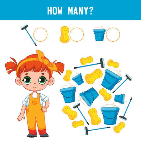 How many buckets, mops, washing brushes lie next to the little cleaning girl Counting kids educational game, kids math activity sheet. Cartoon color vector illustrationのイラスト素材