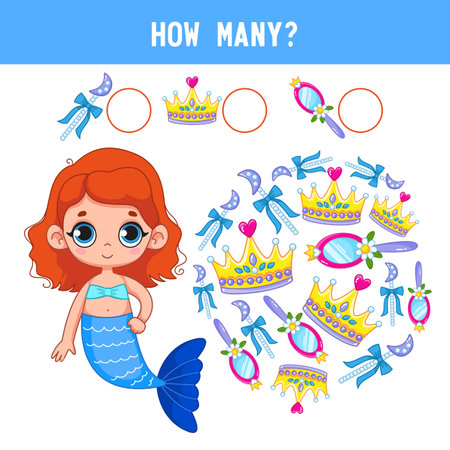 How many crowns, mirrors and magic wands lie next to a cute little mermaid girl. Counting educational children's game, children's math worksheet. Cartoon color vector illustrationのイラスト素材