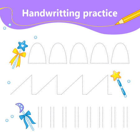 handwriting practice. We learn the first letter of the string by dots. Set with colorful cute magic wands. preschool education. vector illustration in cartoon styleのイラスト素材