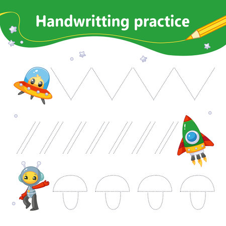 handwriting practice. We learn the first letter of the string by dots. Set with colorful cute rockets and space. preschool education. vector illustration in cartoon styleのイラスト素材