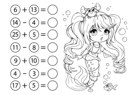 Children's math game, subtraction and addition of numbers. Coloring book with cute little mermaid and crab. Mini-task, write the answer in the circle. preschool educationのイラスト素材
