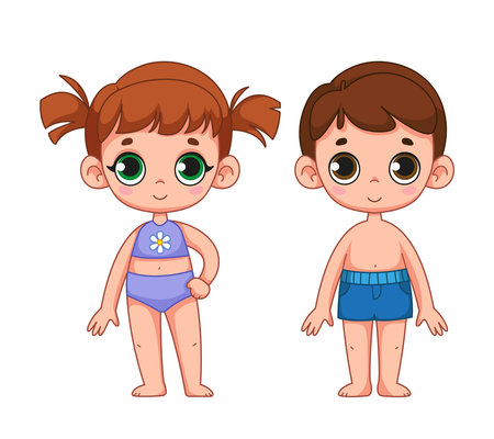 Cute little girl in a bathing suit and a boy in swimming trunks. Set of children in beach clothes. Family, brother and sister. Children's illustration of a child. Vector illustration in cartoon style.のイラスト素材