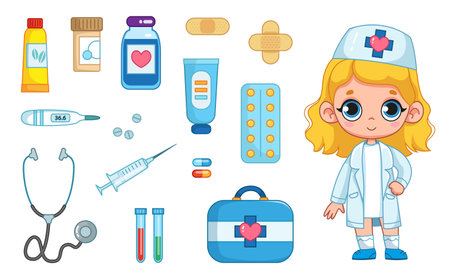 Doctor's medical items set, cute girl in nurse costume, medicines, stethoscope, pills, thermometer, ointment. Vector illustration in cartoon childish style. Isolated funny clipart isolate.のイラスト素材