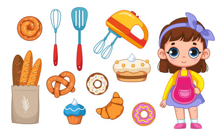 Baker or confectioner chef character set, baking and kitchen utensils. Mixer, cake, donuts, pastries and a cute little girl in a uniform and a white hat. Vector cartoon clipart isolate.のイラスト素材