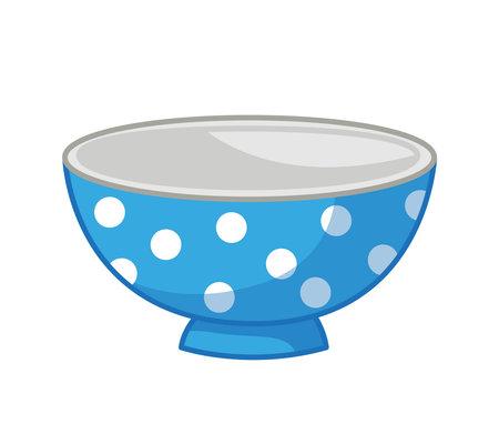 Blue bowl with white peas. Vector illustration of kitchen utensils in cartoon childish style. Isolated funny clipart on white background. Nice print on the plateのイラスト素材