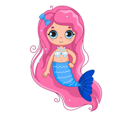 Cute little mermaid with pink hair and a blue tail. Vector illustration of magic character in cartoon childish style. Isolated funny clipart on white background. cute mermaid girl printのイラスト素材