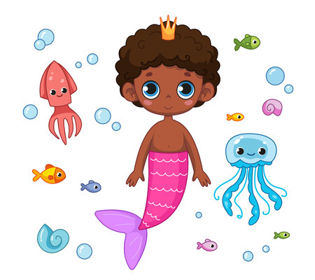 Cute little black boy with mermaid fish tail and crown in the sea with fishes and jellyfish. Vector illustration of magic character in cartoon childish style. Isolated funny clipart. cute mermaidのイラスト素材