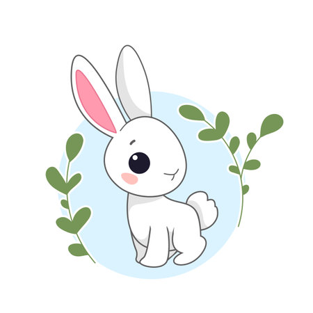 Cartoon cute easter bunny sits on the background of a circle and green branches. Children's drawing of a hare. spring Easter holiday. Vector illustration of animal character in cartoon childish styleのイラスト素材