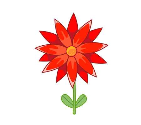 Cute red flower, aster. Vector illustration in cute cartoon childish style. Isolated funny clipart on white background. Nice floral printのイラスト素材