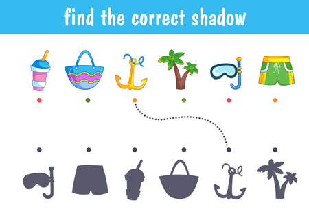 A set of cute items for a summer vacation at the sea - swimming trunks, anchor, lemonade, palm tree. Find the correct shadow. Educational game for kids. cartoon vector illustrationのイラスト素材