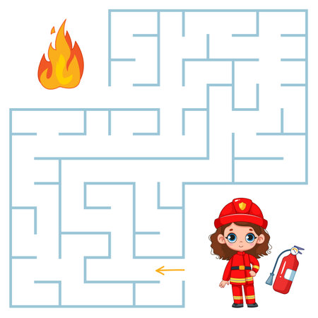 A cute firefighter girl and a fire extinguisher are going to put out the fire and are looking for a way out of the maze. Find a way out of the maze. Educational game for kids. cartoon vectorのイラスト素材