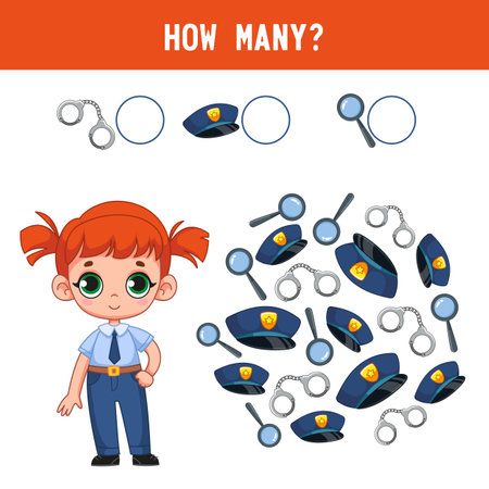 How many handcuffs, caps, and magnifying glasses does a cute little police girl have? Cartoon color vector illustration. Math task for children, counting.のイラスト素材