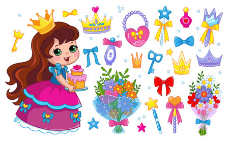 Little princess in a pink fluffy dress and a cake. Set of accessories, bags, crown, bouquet of flowers, beads, jewelry, perfume, cosmetics, mirror. Isolate vector illustrationのイラスト素材