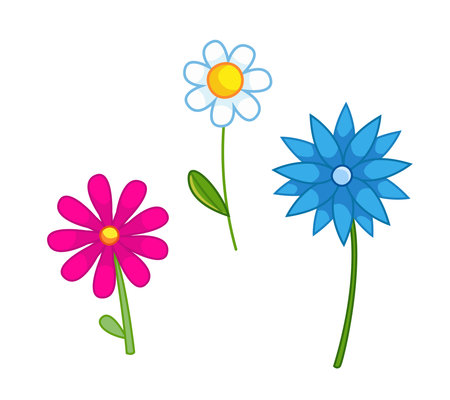 Set of colorful flowers, white, blue and pink. Vector illustration in cartoon childish style. Isolated funny clipart. beautiful floral printのイラスト素材