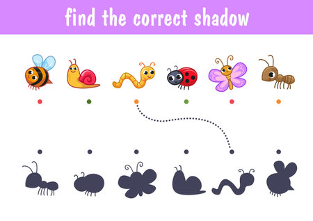 Set of cute insects, bee, worm, ant, butterfly, dragonfly, bee, snail. Find the correct shadow. Educational game for kids. Cartoon vector illustration, colorclipartのイラスト素材