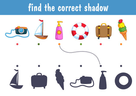 A set of cute things for a summer holiday at sea - a ship, a suitcase, a life buoy, ice cream, a camera. Find the correct shadow. Educational game for kids. cartoon vector illustrationのイラスト素材