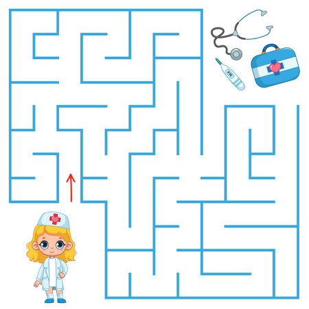 A cute little girl in a nurse costume is looking for a way to the doctor's suitcase and medicines through the maze. Find a way out of the maze. Educational game for kids. cartoon vectorのイラスト素材
