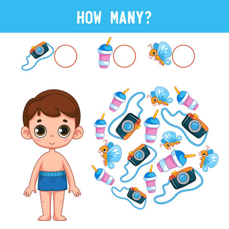 How many cameras, lemonade and butterflies does a cute boy in swimming trunks have? Counting educational kids game, kids math activity sheet. cartoon colored vector illustrationのイラスト素材