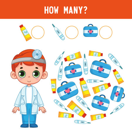 How many medicines does a cute little boy in a doctor's suit have. there is a color vector illustration. Math task for kids countingのイラスト素材