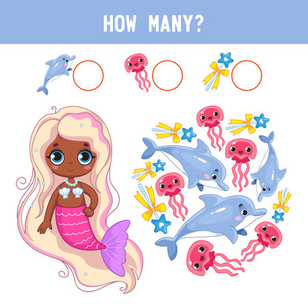 How many fish, dolphins and jellyfish lie next to a little dark-skinned cute mermaid girl with a pink tail. Counting educational children's game, children's math worksheet. Cartoon color vectorのイラスト素材