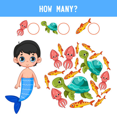 How many fish, turtles and jellyfish next to a cute little mermaid boy with a blue tail. Counting educational children's game, children's math worksheet. Cartoon color vector illustrationのイラスト素材