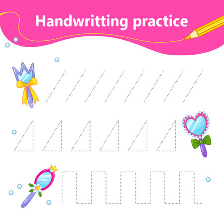 handwriting practice. We learn the first letter of the string by dots. Set with colorful cute magic mirrors. preschool education. vector illustration in cartoon styleのイラスト素材