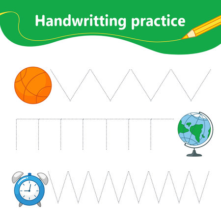 handwriting practice. We learn the first letter of the string by dots. Set with basketball, globe, alarm clock. preschool education. vector illustration in cartoon styleのイラスト素材