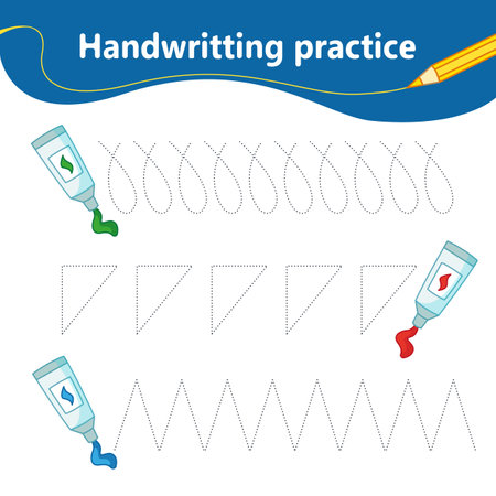 handwriting practice. We learn the first letter of the string by dots. Set with tubes of watercolor paint. preschool education. vector illustration in cartoon styleのイラスト素材