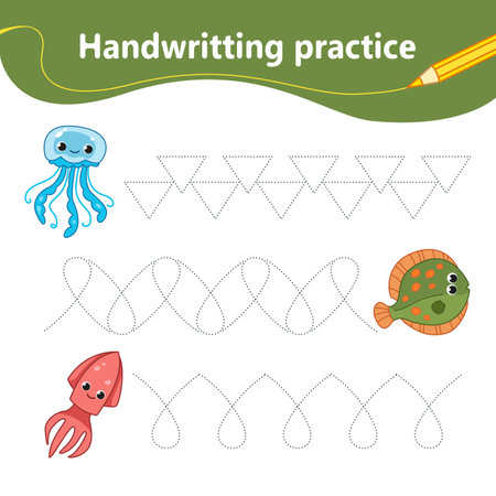 handwriting practice. We learn the first letter of the string by dots. Set with fish, squid and jellyfish. preschool education. vector illustration in cartoon styleのイラスト素材
