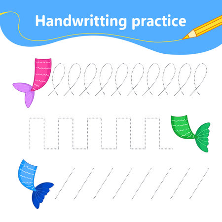 handwriting practice. We learn the first letter of the string by dots. Set with colorful cute mermaid tails. preschool education. vector illustration in cartoon styleのイラスト素材