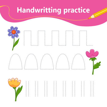 handwriting practice. We learn the first letter of the string by dots. Set with colorful cute flowers. preschool education. vector illustration in cartoon styleのイラスト素材