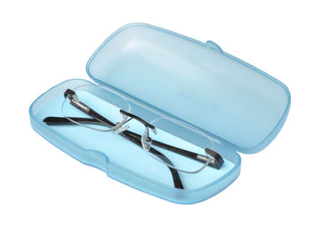 Open sweet blue glasses box with spectacles on white backgroundの写真素材