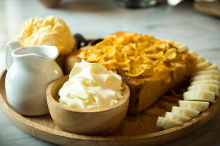 Pastry food on wooden tableの写真素材