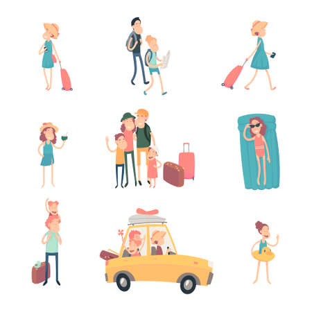 Vector young people on vacation with suitcases, studying the map of the area, photographed and having a restの写真素材
