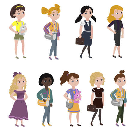 Set of girls dressed in different beautiful outfits.のイラスト素材