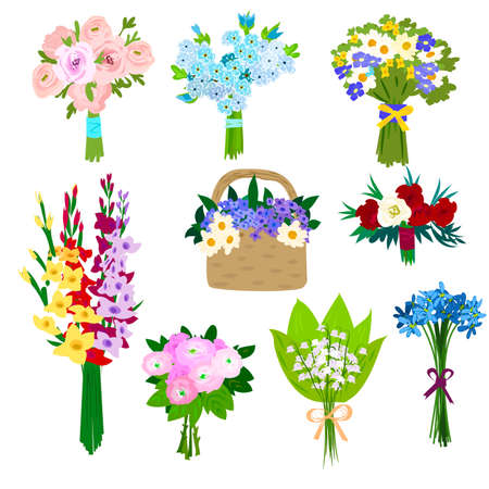 Beautifully assembled bouquets of spring flowers under the ribbon and in a basketの写真素材