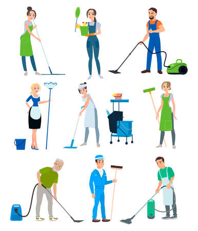Set of cleaning company staff with a vacuum cleaner, shfabroy, with a trash can clean the premises of different companiesのイラスト素材