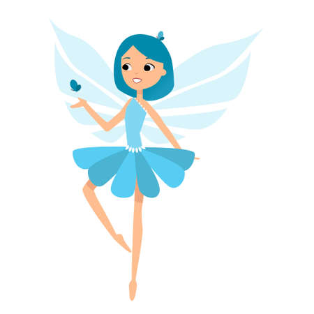 Beautiful fairy dances in her colorful outfits and a blue dress on white boardのイラスト素材