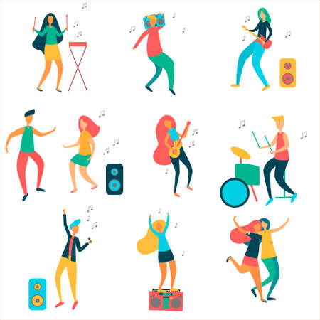 Modern girls and guys are dancing and having fun at a party. Vector illustration isolated on white backgroundのイラスト素材